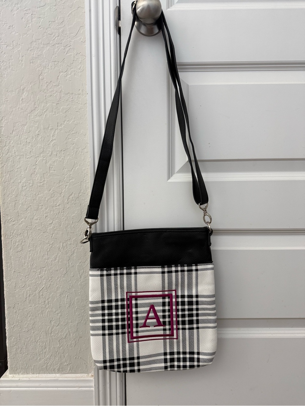 thirty-one Black and White Plaid Crossbody with Magenta “A”